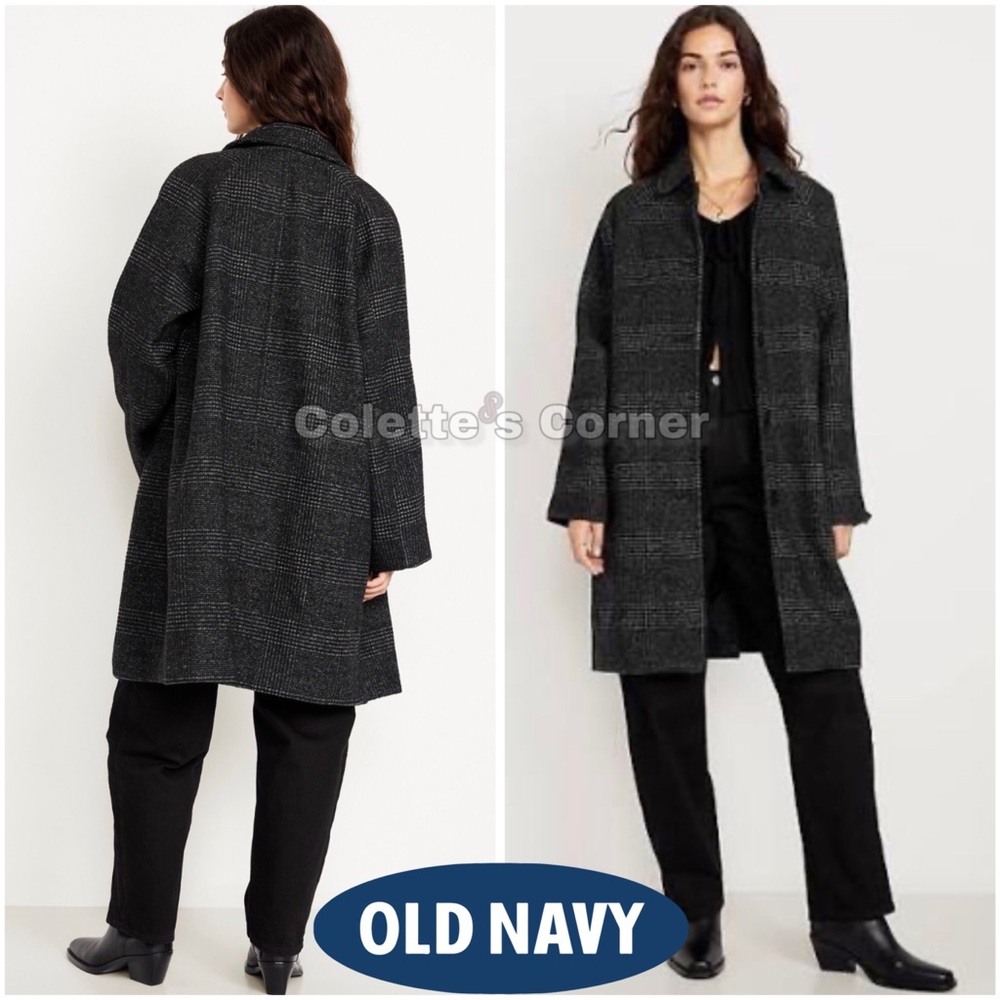 Old Navy Black Plaid Relaxed Button-Front Mac Car Coat